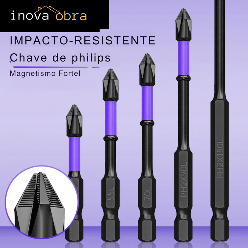 Conjunto de Bits de Impacto PH2 com Cabeça Magnética para Chave philips